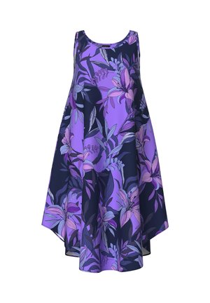 Ärmelloses Kleid in Purpur und Marineblau mit fließender A-Linien-Form, das ein großes Blumenmuster in Purpur- und Lavendeltönen aufweist.