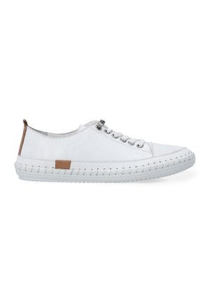 Weiße Leder-Sneaker mit grauen Details, Schnürdesign, Gummisohle und gestickten Akzenten. Verfügt über ein kleines braunes Etikett an der Ferse.