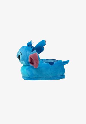 Pantofole di peluche blu a forma di personaggio dei cartoni animati, caratterizzate da una texture morbida e soffice, orecchie appuntite e dettagli del viso ricamati.