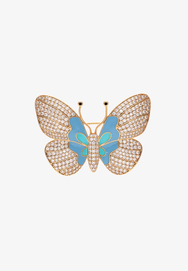 Broșă în formă de fluture, aurie, cu aripi încrustate cu cristale, având accente din email albastru deschis și detalii metalice elaborate.