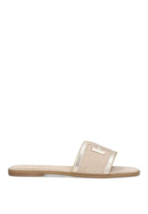 Sandalia con suela plana, que presenta una tira metálica dorada y una parte superior de malla beige. Diseño simple con un acento rectangular en la tira.