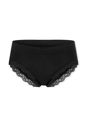 Zwarte hipsteronderbroeken voor vrouwen met een brede tailleband en decoratieve kantafwerking langs de beenopeningen.