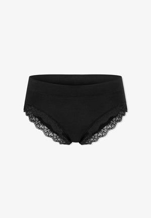 Melnu sieviešu hipster apakšbikses ar platu jostu un dekoratīvu mežģīņu apdari gar kāju atverēm.