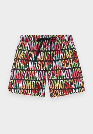 Costume da bagno nero con la scritta colorata "MOSCHINO" ripetuta su tutta la superficie e un laccio nero in vita.