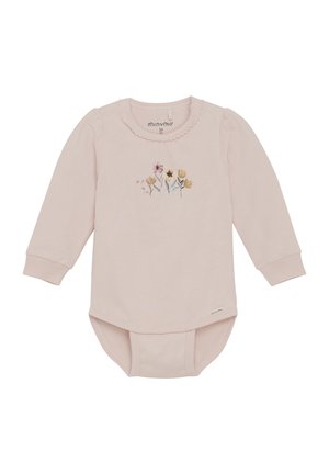 Helles rosa Langarm-Body mit gepufften Schultern, gewelltem Kragen und floralen Stickereien auf der Vorderseite; Druckknopfverschluss am Boden.