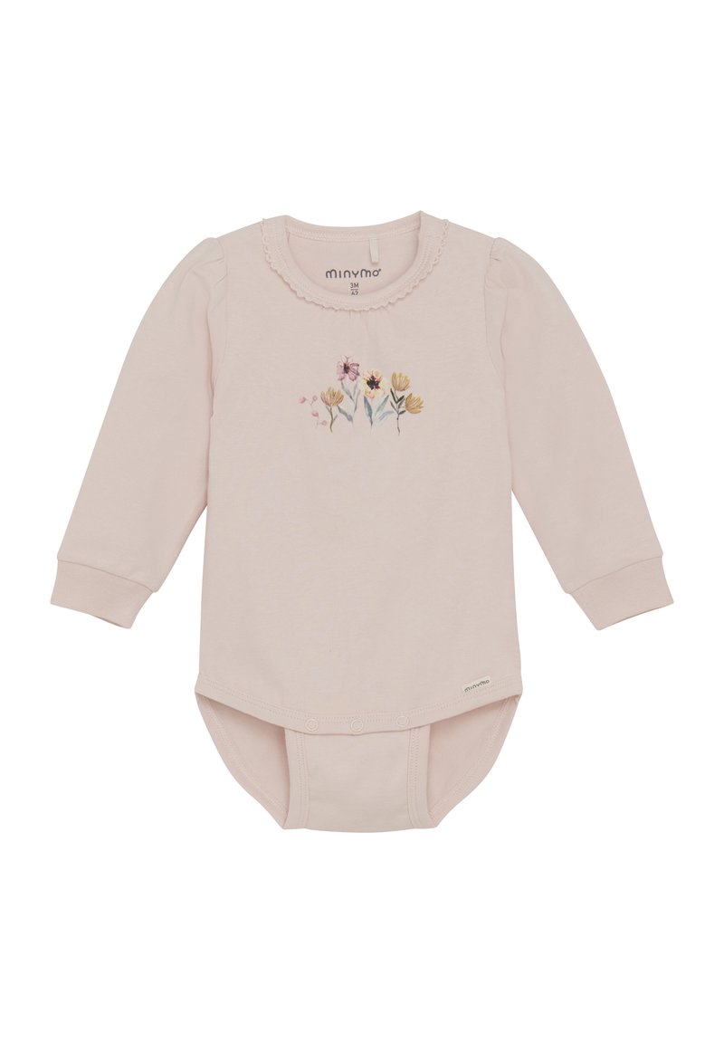 Ljusrosa långärmad bodysuit med puffiga axlar, vågig krage och blommig brodyr framtill; tryckknap stängning i botten.