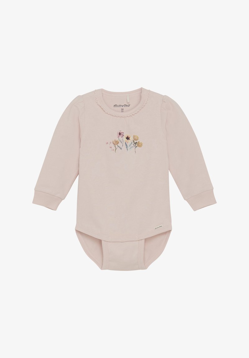 Lichtroze longsleeve rompertje met poffende schouders, gegolfde kraag en bloemenborduurwerk aan de voorkant; drukknoopsluiting onderaan.