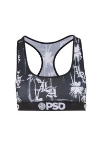 Zwarte sportbeha met een palmbomen- en graffiti-print in het wit, voorzien van een brede zwarte band met het "PSD" logo.
