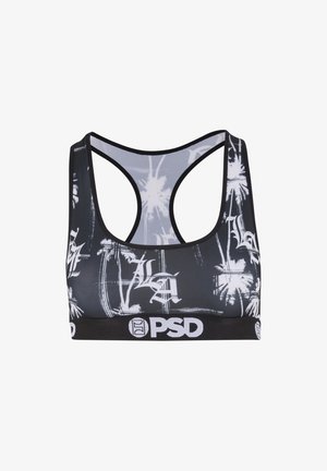 Zwarte sportbeha met een palmbomen- en graffiti-print in het wit, voorzien van een brede zwarte band met het "PSD" logo.