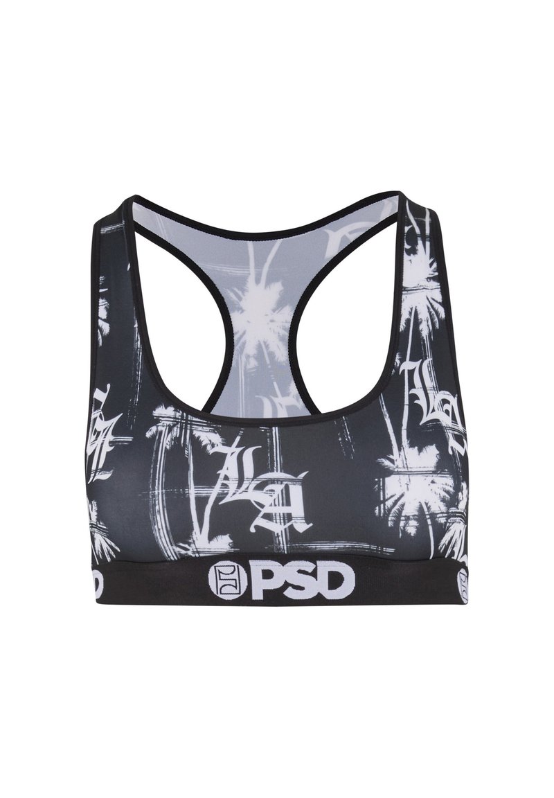 Zwarte sportbeha met een palmbomen- en graffiti-print in het wit, voorzien van een brede zwarte band met het "PSD" logo.