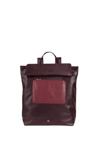 Zaino in pelle bordeaux con alette pieghevoli, tasca frontale con zip e doppi manici. Texture liscia con una leggera lucentezza. Logo nella parte inferiore.