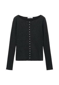Zwarte lange mouw cardigan van zachte stof, met een ronde halslijn en een volledige knoopsluiting aan de voorkant met metalen knopen.