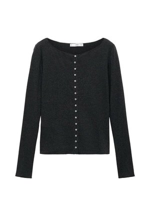Cardigan lungo nero a maniche lunghe realizzato in morbido tessuto, con scollatura a girocollo e chiusura frontale completa con bottoni metallici.