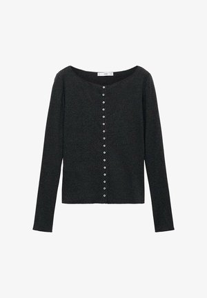 Black long-sleeve cardigan made of soft fabric, featuring a scoop neckline and a full front button closure with metallic buttons.