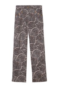 Wijdlopende broek met een zwart en crèmekleurig abstract bladpatroon, voorzien van twee voorzakken en knoopaccenten op de tailleband.