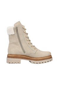 Bottine beige à lacets avec un revers en fausse fourrure, fermeture éclair latérale, semelle texturée et talon en bois superposé. Cuir lisse avec coutures accentuées.