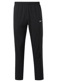 Černé sportovní kalhoty s elastickým pasem, hladkým povrchem, zúženým střihem a malým bílým logem na levém stehně.