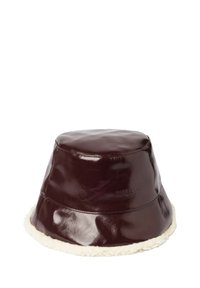 Dark brown glossy bucket hat with white fluffy lining along the brim and subtle embossed "Pepe Jeans London" logo.