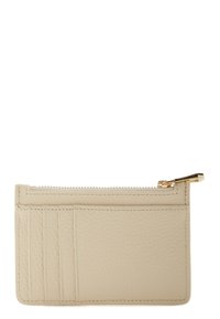 Beige leather cardholder with a textured finish, four card slots on the front, and a zippered compartment at the top. Gold hardware accent.