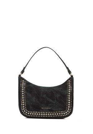 Czarna zamszowa torba na ramię z złotymi oczkami na krawędziach i krótkim paskiem, z nazwą marki "WITTCHEN" w złotych literach.