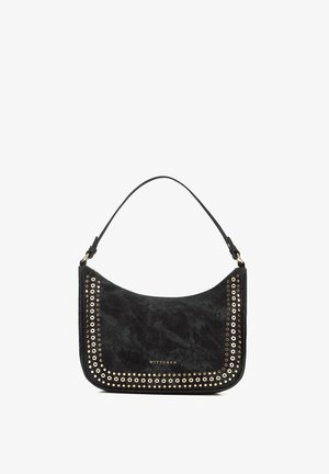 Černá semišová kabelka přes rameno s detaily zlatých průchodek podél okrajů a krátkým popruhem, s nápisem značky "WITTCHEN" ve zlatých písmenkách.