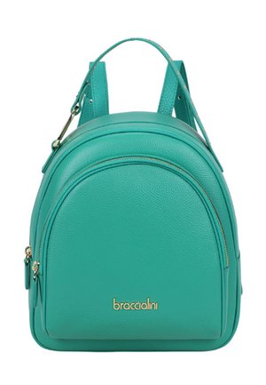 Zaino in pelle turchese con tasca frontale con cerniera, cerniere color oro, spallacci regolabili e logo Braccialini sulla parte frontale.