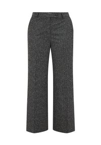 Schicke weit geschnittene Hose aus einem dunklen grauen Tweedstoff mit einem dezenten Muster, ausgestattet mit einem vorderen Knopfverschluss und schrägen Seitentaschen.