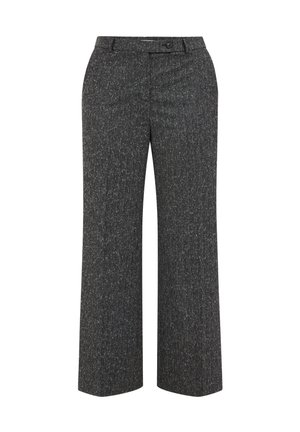 Schicke weit geschnittene Hose aus einem dunklen grauen Tweedstoff mit einem dezenten Muster, ausgestattet mit einem vorderen Knopfverschluss und schrägen Seitentaschen.