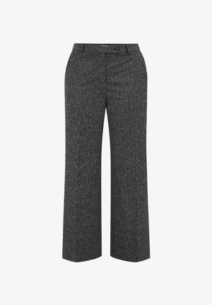 Wide-leg pants in a dark gray tweed fabric with a subtle pattern, featuring a front button closure and angled side pockets.