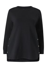 Túnica negra de manga larga con cuello redondeado, que presenta detalles de botones a presión en los laterales y una tela suave y texturizada.