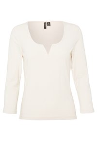 Långärmad krämfärgad topp med V-ringning, tillverkad av mjukt tyg. Har en åtsittande silhuett och en ren finish på ärmsluten och fållen.