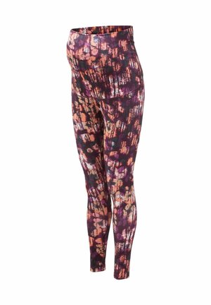 Umstandsleggings mit mehrfarbigem abstraktem Muster in Lila-, Orange- und Schwarztönen. Hohe Taille mit glatter Textur.