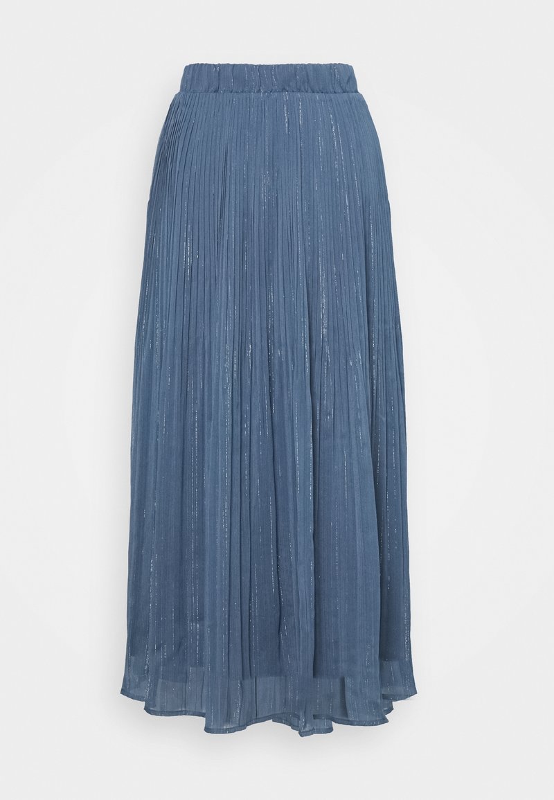 Jupe longue plissée en tissu bleu doux avec une finition texturée. Taille élastique et design fluide, avec des accents scintillants subtils.