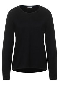 Suéter negro de manga larga hecho de una tela suave con un escote redondo, que presenta un corte relajado y un detalle de cuello interno en contraste.