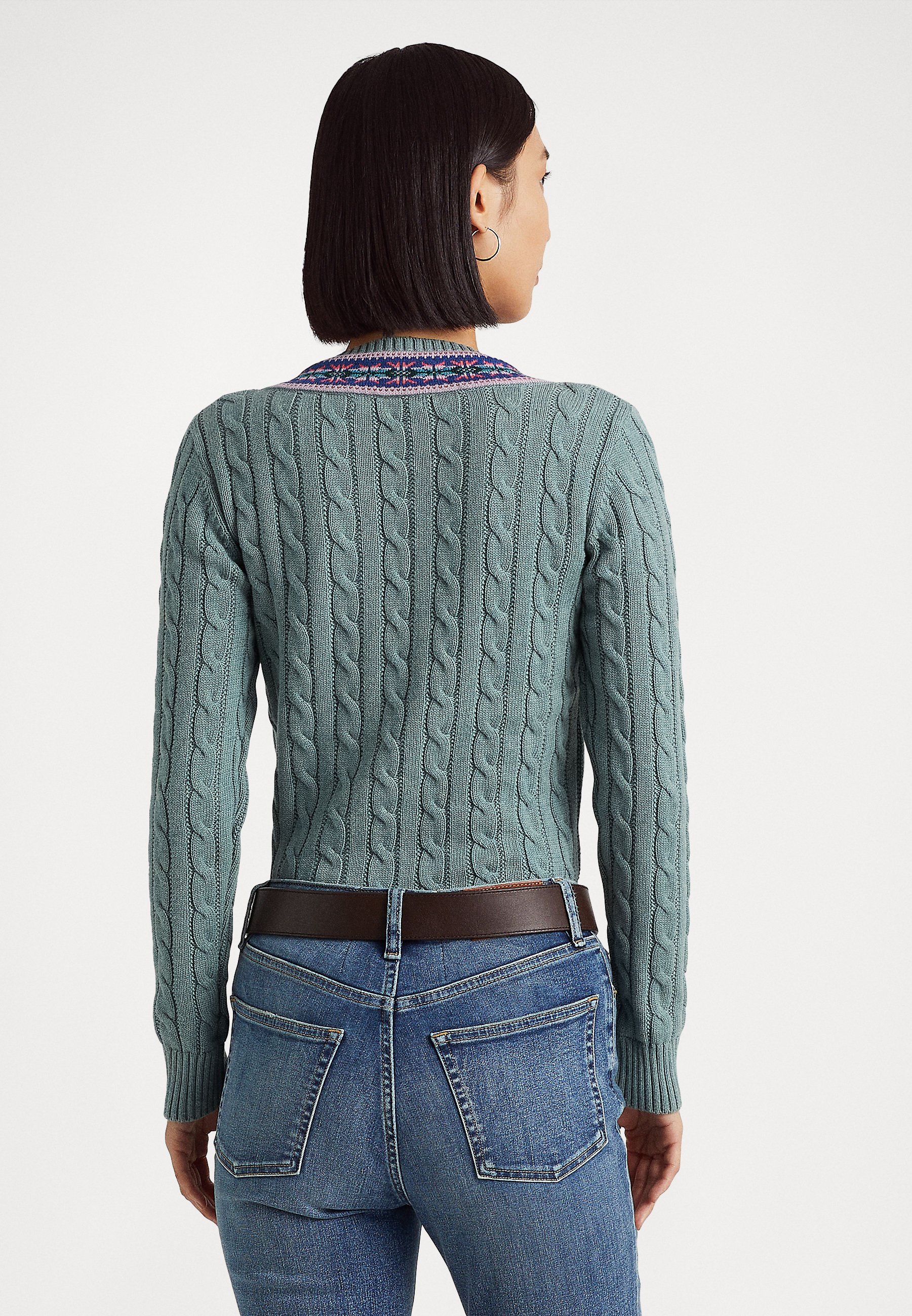 Women's Cable Knit Cricket Jumper, Light Blue.