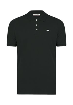 Czarna koszulka polo z krótkim rękawem, z trzema białymi guzikami i małym białym logo słonia na lewej piersi.