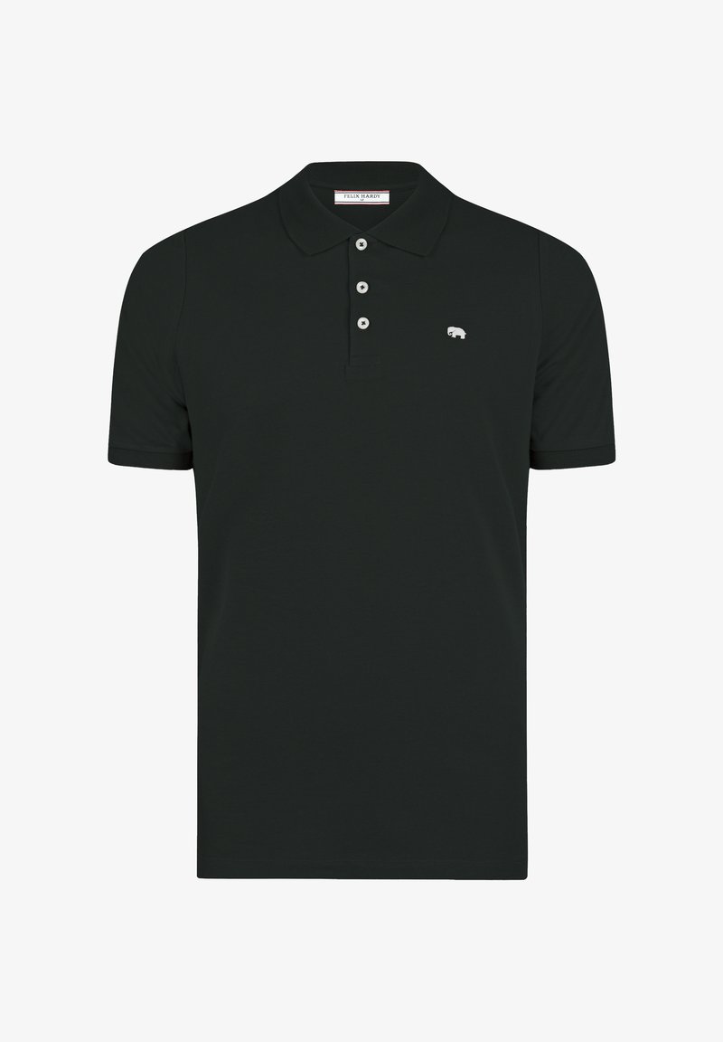 Polo noir à manches courtes avec trois boutons blancs et un petit logo éléphant blanc sur la poitrine gauche.
