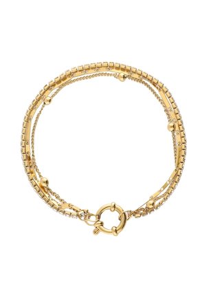 Gouden laagjesarmband met een boxketting, kralen en gestructureerde schakels, afgewerkt met een ronde sluiting voor een veilige sluiting.