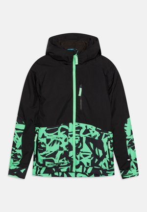 Giacca nera con cappuccio con motivo astratto verde sulla metà inferiore e sulle maniche, cerniera frontale verde e tasca sul petto con cerniera.