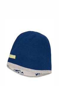 Berretto in lana blu navy con un morbido rivestimento grigio chiaro e un sottogola a motivi. Presenta un piccolo etichetta verde con il testo "loud + proud."