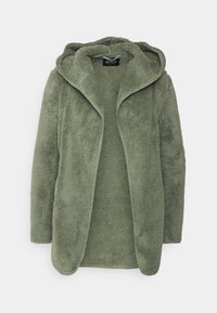 Olive green hooded coat made of soft, textured fleece. Open front design with wide lapels and long sleeves. No fastenings or pockets visible.