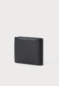 Black leather wallet with a textured finish, bi-fold design, and contrast stitching. Compact shape, suitable for cards and small items.