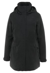 Parka d'hiver noire avec capuche, fermeture éclair frontale recouverte d'un rabat, poignets ajustables et deux poches avant à rabat.