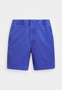 Modré bavlněné kraťasy s elastickým pasem a knoflíkovým zapínáním, mají hladkou texturu a rovný střih.