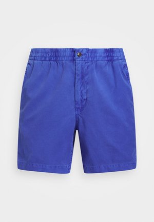 Blaue Baumwollshorts mit einem elastischen Bund und einem Knopfverschluss, die eine glatte Textur und einen geraden Schnitt aufweisen.