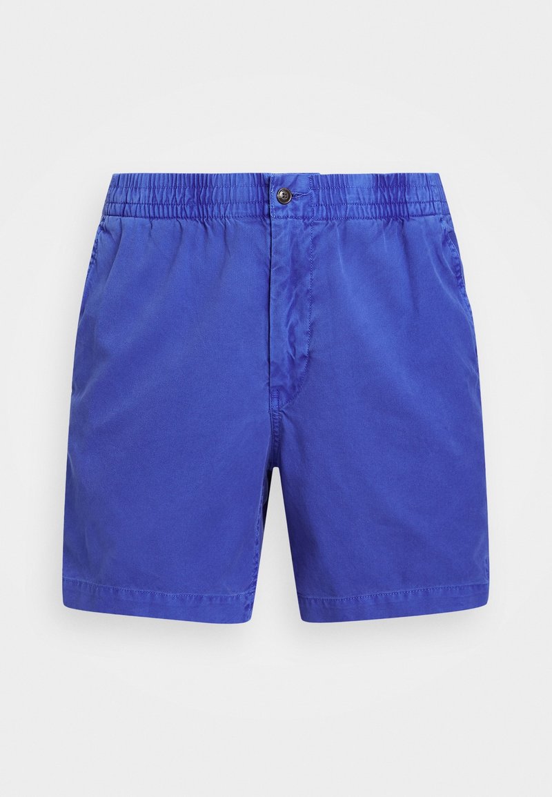 Modré bavlněné kraťasy s elastickým pasem a knoflíkovým zapínáním, mají hladkou texturu a rovný střih.