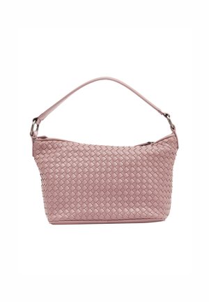 Borsa in pelle intrecciata di un rosa soffice con una tracolla curva e chiusura con zip, caratterizzata da un motivo testurizzato per un tocco di dettaglio in più.