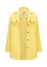 Gelber Wollmantel mit Kragen, Frontknöpfen und zwei Brusttaschen. Hat eine weiche Textur und ein schlankes Design.