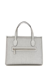 La borsa tote grigia intrecciata presenta doppi manici superiori, una tasca frontale con zip e dettagli in pelle liscia per una maggiore durabilità e struttura.