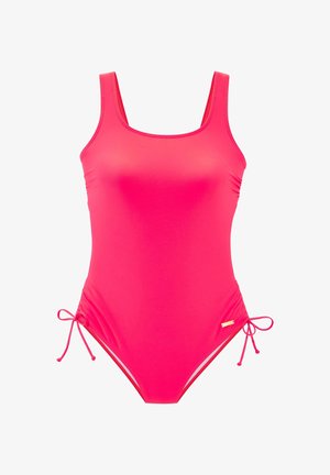 Roze eendelig badpak met een vierkante halslijn, verstelbare zijkant strikjes en een gladde, rekbare textuur. Voorzien van een klein metalen detail.